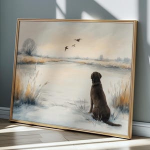 Brown Labrador Retriever Wall Art – Serene Dog Watching Ducks at Winter Lake, Horizontal Nature Scene for Rustic Home Decor Chocolate Lab