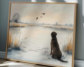 Quadro con Labrador Retriever marrone – Cane sereno che osserva le anatre al lago invernale, scena naturalistica orizzontale per arredamento rustico, Labrador color cioccolato