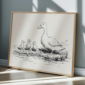 Mother Duck and Ducklings Line Art Print: Vintage Farmhouse Wall Decor