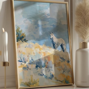 White Horse Wall Art Print – Western Landscape Watercolor Painting, Countryside Farmhouse Decor, Peaceful Horse Lover Gift