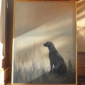 Stampa murale con cane da caccia Labrador Retriever - Paesaggio di palude nebbiosa, decorazione rustica, scena naturale suggestiva, regalo per cacciatori di baite all&#39;aperto