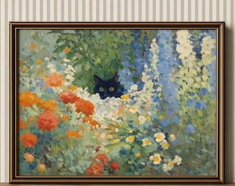 クロード・モネ「庭の花の中の黒猫」アートプリント – 印象派の油絵風