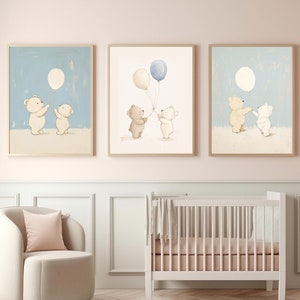 Set of 3 Teddy Bear Baby Nursery Prints | Balloon-Themed Digital Artwork for Kids Room | Watercolor Animal Wall Art | Digital Download