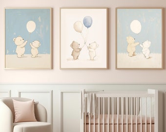 Set of 3 Teddy Bear Baby Nursery Prints | Balloon-Themed Digital Artwork for Kids Room | Watercolor Animal Wall Art | Digital Download