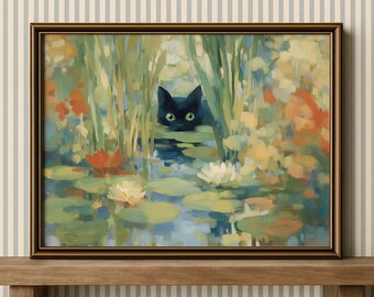 猫と花の印象派絵画 クロード・モネ「庭の花の中の黒猫」アートプリント – 印象派の油絵風