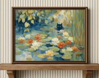 Schwarze Katze im Seerosenteich - Claude Monet Französische impressionistische Seerosen Kunstdruck Inspirierte Katzenwandkunst, französische Gartenmalerei-Dekor