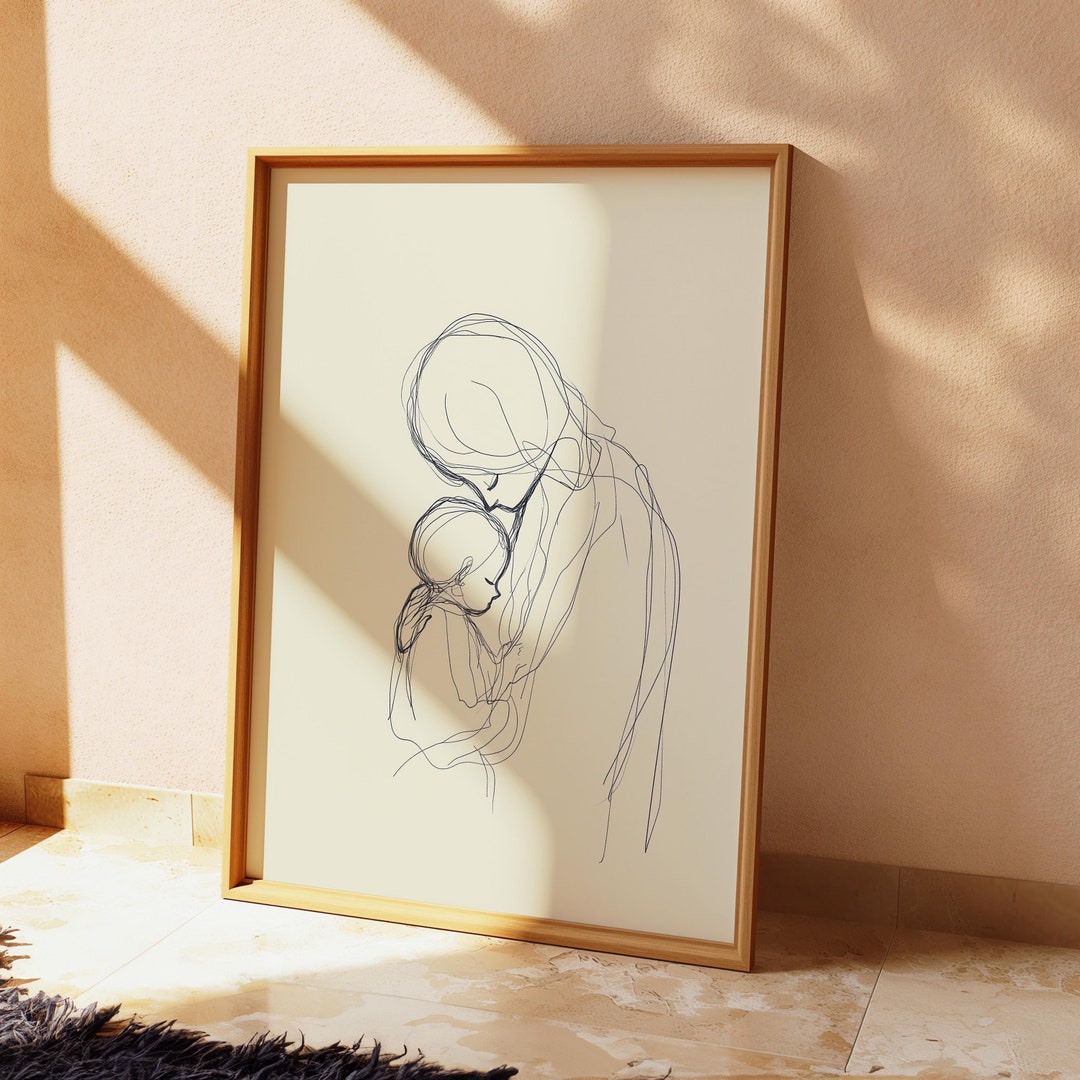Mother & Daughter Line Art – Physical Print Wall Decor – Drawing for ...