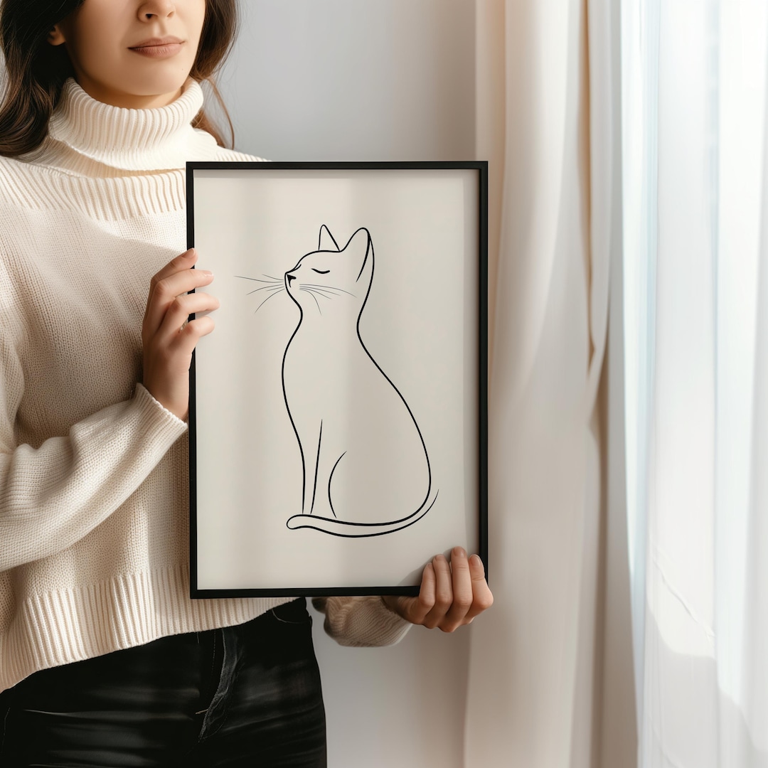 Minimalist Cat Line Art Print – Sitting Cat Wall Decor in Neutral ...