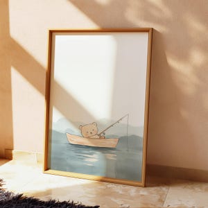 Sleepy Teddy Bear Fishing Print | Nursery Wall Decor for Boys | Baby Room Wall Art | Animal-Themed Nursery Print | Digital Baby Wall Decor