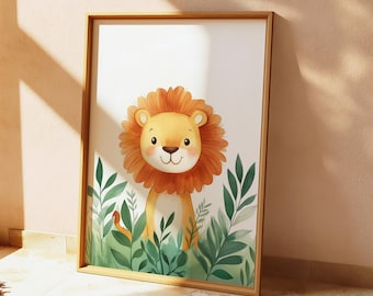 Art mural pour chambre de bébé lion, imprimé animal safari, décoration de chambre de bébé sur le thème de la jungle, oeuvre d'art aquarelle de lion pour les enfants, impression d'art physique