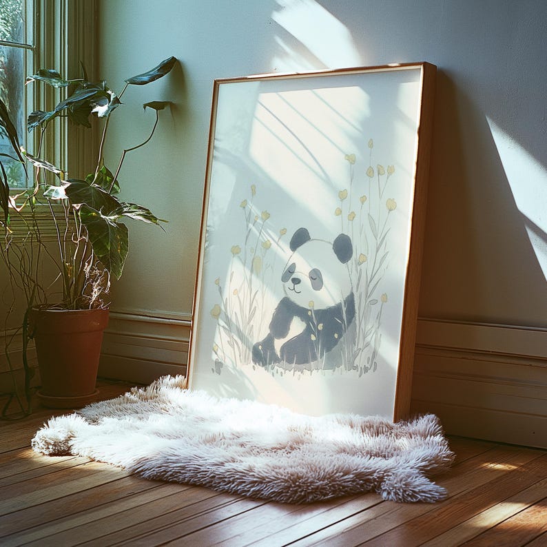 Peaceful Panda in Wildflowers Art Print | Neutral Nursery Décor ...