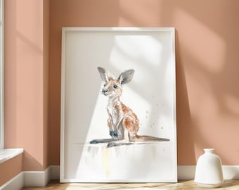 Impresión artística de un lindo canguro / Ilustración de vida silvestre en acuarela / Ideal para guarderías, habitaciones infantiles o para amantes de la naturaleza