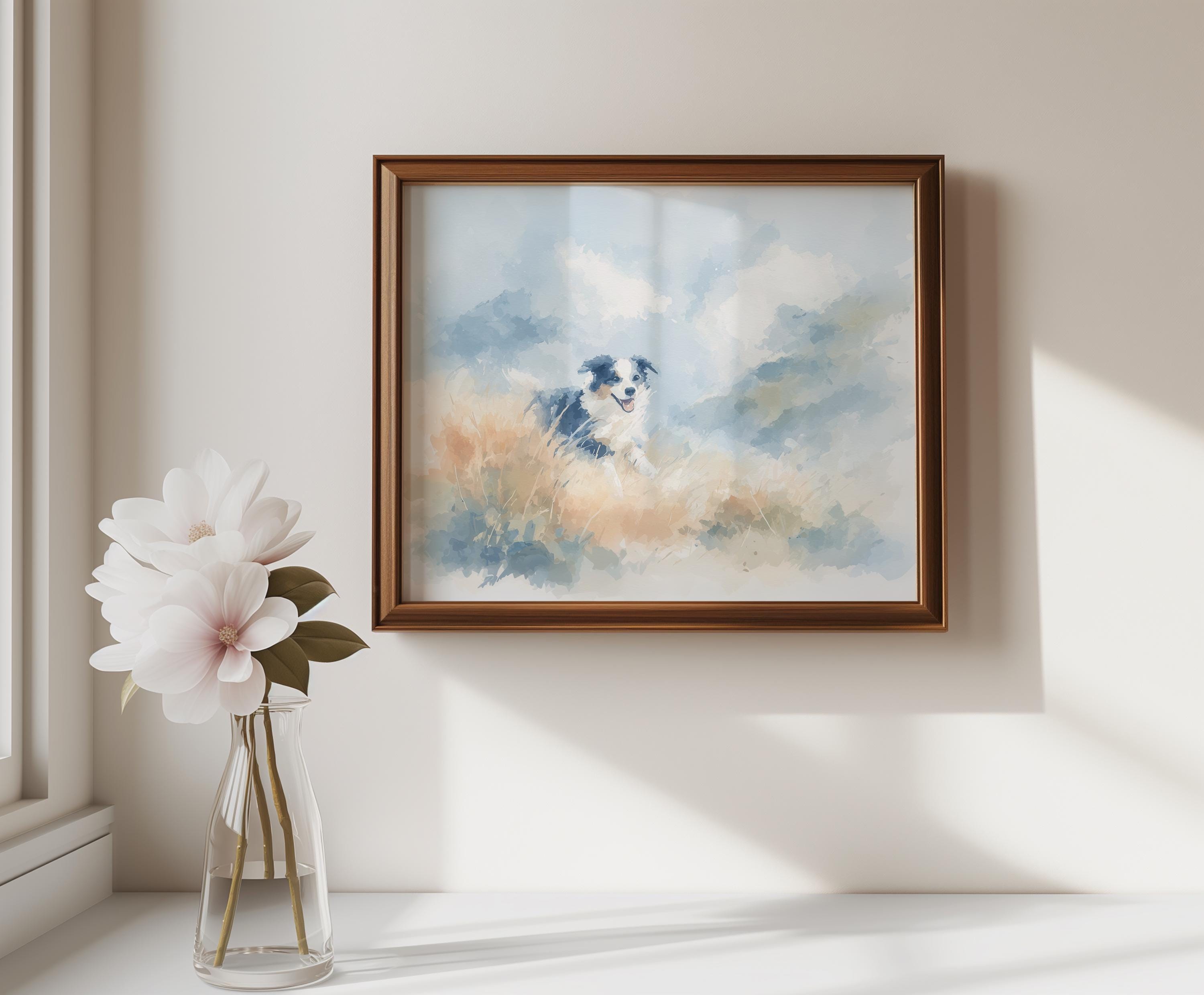 ボーダーコリーの水彩画プリント - 田舎の楽しい犬のアート、農家風