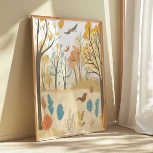 Sanfter Flug im Herbst, minimalistische Waldszene, Retro Cartoon, Sanfte Farben, Kunst, Poster