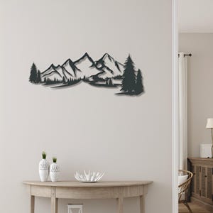 Silhouette della foresta di montagna Arte da parete in metallo Decorazione della natura Regalo Grande arte da parete Decorazione per esterni Arte in metallo alla moda Decorazione della cabina Arte moderna di montagna