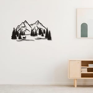Silhouette della foresta di montagna Arte murale in metallo Cervo Grande Rustico Moderno Decorazione naturale Arte alla moda per esterni Cabina Design unico per la stanza Accent Home Regalo
