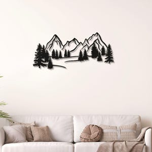 Silhouette della foresta di montagna Arte murale in metallo Grande Decorazione rustica moderna della natura Arte alla moda per esterni della casa Arte moderna della parete di montagna Regalo Deco