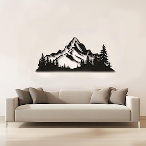 Arte murale in metallo con foresta di montagna, grande, rustico, moderno, decorazione alla moda, arte da esterno, natura, regalo per la casa, arte moderna di montagna, accento unico