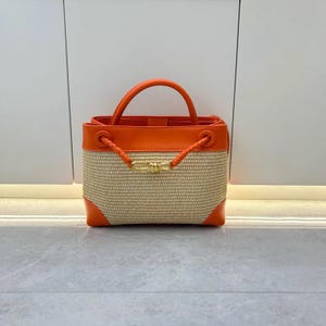 Handcrafted Genuine Leather and Raffia Woven Handbag, Women&#39;s Shoulder and Crossbody Bag Orange