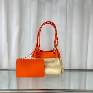 Handcrafted Genuine Leather and Raffia Woven Handbag, Women&#39;s Shoulder and Crossbody Orange