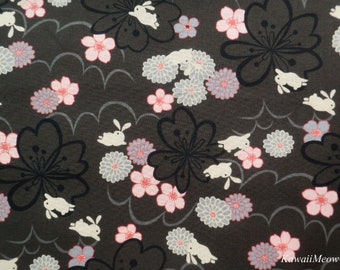 Beautiful Kimono Fabric - Sakura Rabbits on Dark Gray - Fat Quarter (to201129)