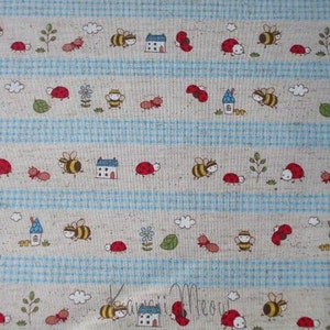SALE - Cotton Linen Bee Ladybug Border Print Blue - Half Meter (ko1215)