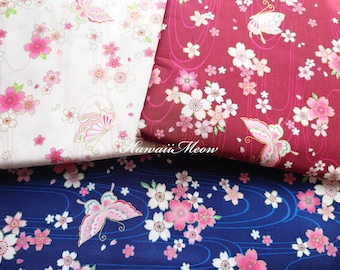 Japanese Kimono Fabric - Sakura Cherry Blossoms Butterflies / Half Yard - (fe240426)