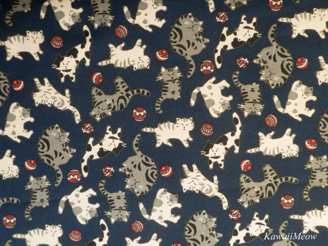 Beautiful Kimono Fabric - Temari Cats on Navy Blue - Half Meter (ki200830)