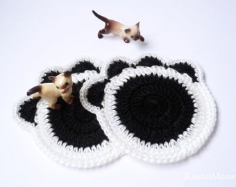 Crochet Doily Coaster - Cat Paw 1 Piece - White x Black