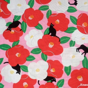 Beautiful Kimono Fabric - Black Cats Camellia Pink - Fat Quarter (ma180731)