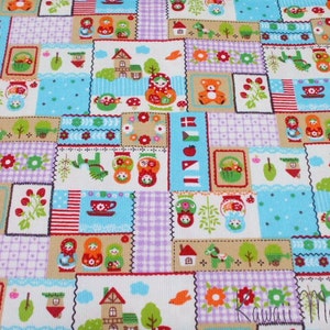 May include: A colorful fabric with a patchwork design featuring various images, including houses, bears, nesting dolls, and flowers. The fabric has a white background with blue, red, green, and purple accents.