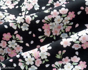 Japanese Kimono Fabric - Sakura Cherry Blossoms on Black - Half Yard (ma201031)