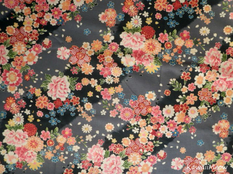 108cm x 55cm Scrap Japanese Kimono Fabric Yuwa Sakura Cherry Blossoms on Black su181130 42.5W x 21.5L
