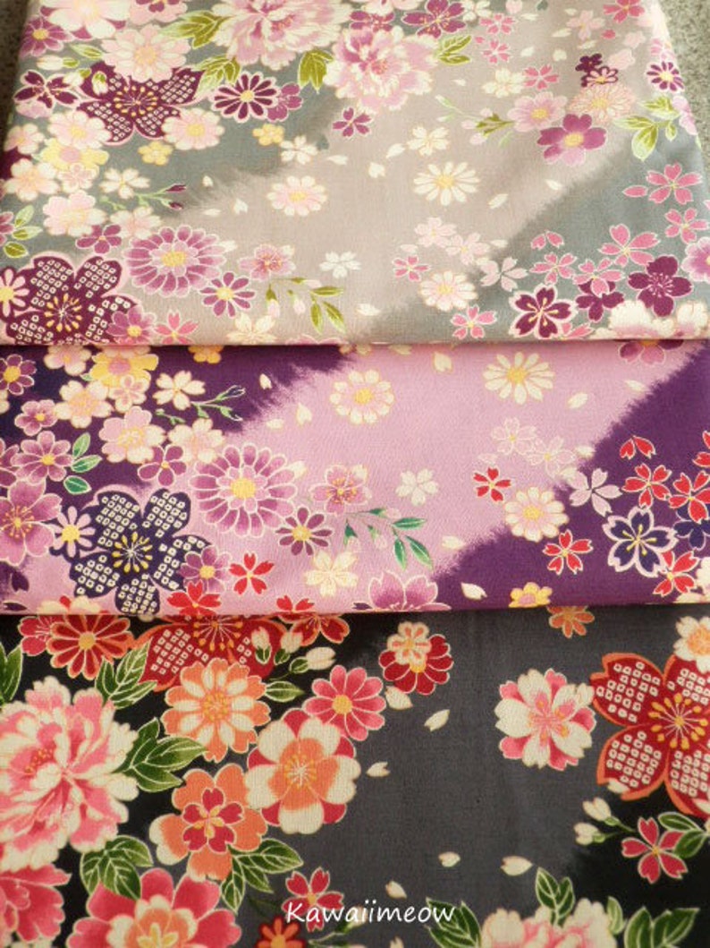 108cm x 55cm Scrap  Japanese Kimono Fabric Yuwa Sakura Cherry Blossoms on Black su181130 42.5W x 21.5L