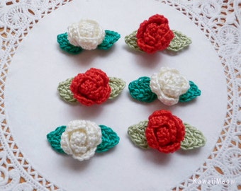 Kawaii Crochet Applique Motif Mini Roses Leaves Set of 12 - Red x White -