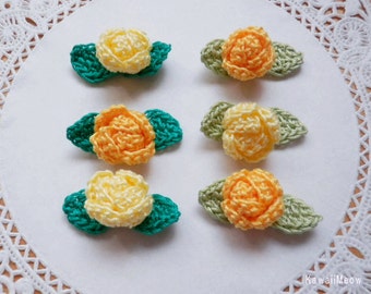 Kawaii Crochet Applique Motif Mini Roses Leaves Set of 12 - Yellow -