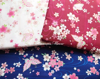 Japanese Kimono Fabric - Sakura Cherry Blossoms Butterflies / Fat Quarter - (fe240426)