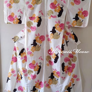 Black Cat Japanese Yukata Kimono Robe & DIY Fabric | Cotton Linen White Summer Kimono for Wearing or Upcycling, Like New