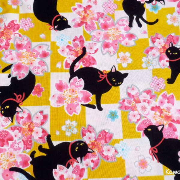 SCRAP / Beautiful Kimono Fabric - Black Cat Sakura on Mustard - Fat Quarter (i160610)