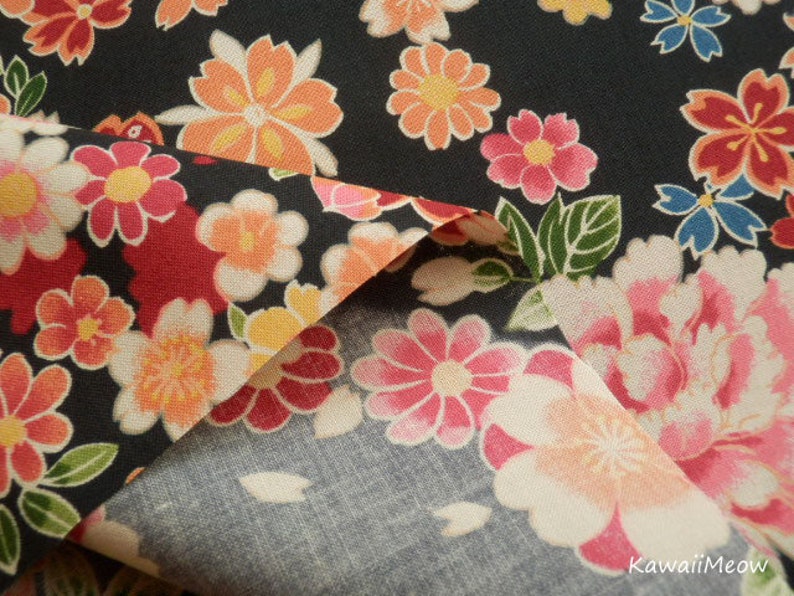 108cm x 55cm Scrap Japanese Kimono Fabric Yuwa Sakura Cherry Blossoms on Black su181130 42.5W x 21.5L