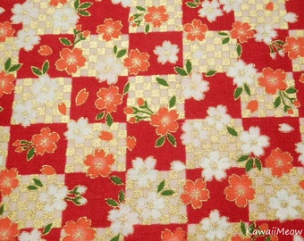 Japanese Kimono Fabric - Checkered Pattern Sakura Cherry Blossoms on Red - Half Yard (ta191206)