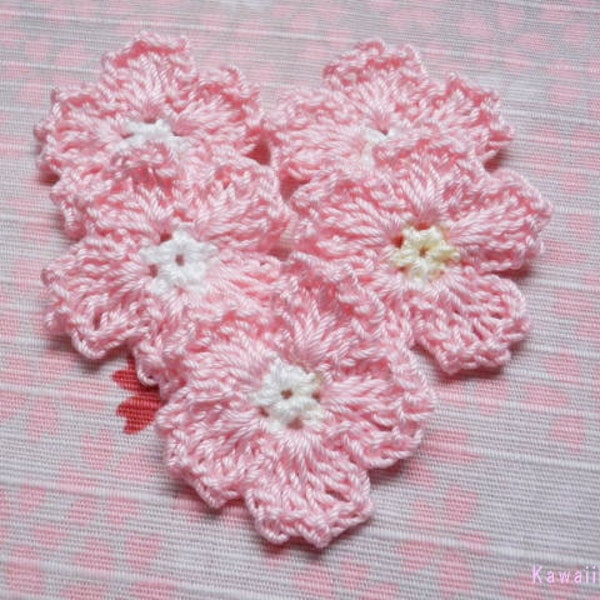 Crochet Applique Motif Flowers Set of 5 Sakura Cherry Blossoms (E)