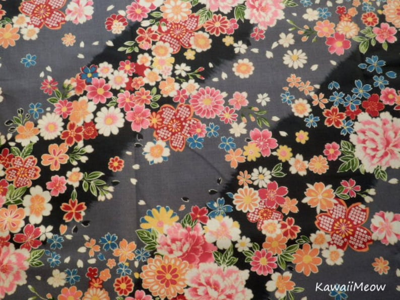 108cm x 55cm Scrap Japanese Kimono Fabric Yuwa Sakura Cherry Blossoms on Black su181130 42.5W x 21.5L