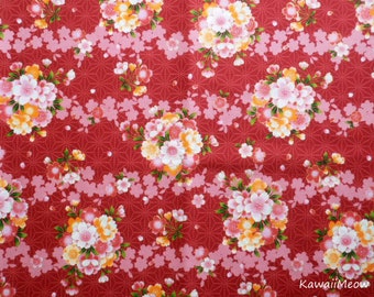 Japanese Kimono Fabric - Sakura Cherry Blossoms on Red - Half Yard (c180403)