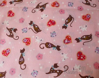 SALE - KOKKA Heart Lame Cats Pink - Fat Quarter (ko1101)