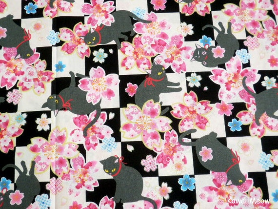 Beautiful Kimono Fabric - Black Cat Sakura on Black - Scrap (ko160817)