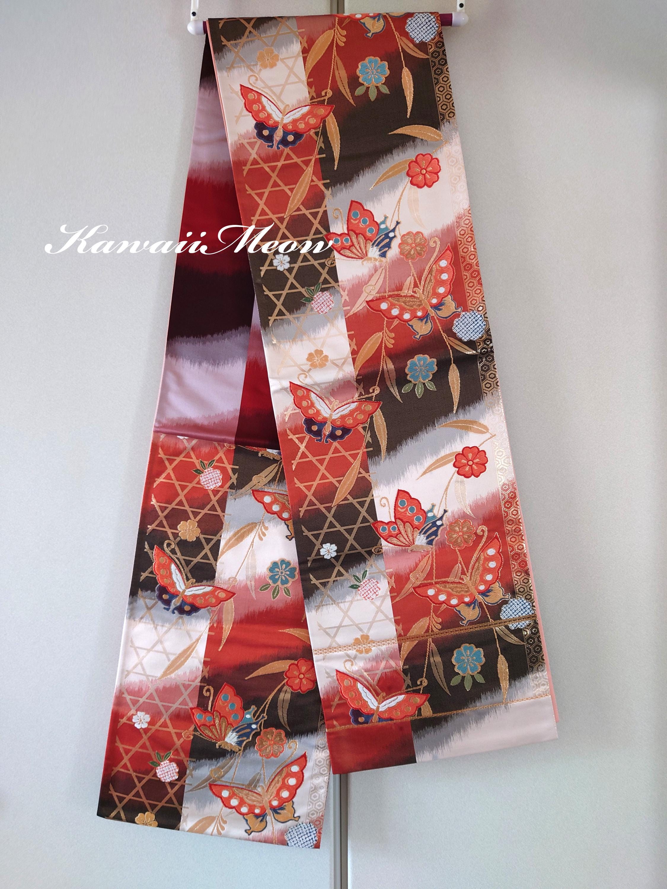 Vintage Japanese Vermilion Silk Fukuro Obi Sash Double Sided Fukuro Obi | Japanese Silk Brocade – Shibui  main image 2