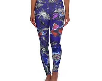 Blue Period Floral Yoga Leggings, High Waisted Exercise Pants, Gift for Yoga Lovers, Colorful Daisy and Poppy Leggings