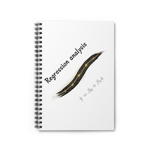 May include: White spiral-bound notebook with the words "Regression analysis" and a gold and black design. A mathematical equation is also visible on the notebook's cover.