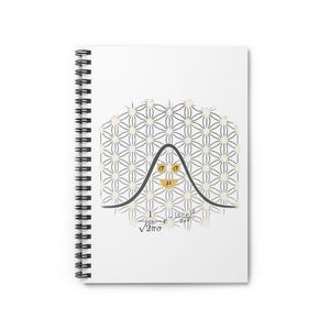 May include: White spiral-bound notebook with a black bell curve design, mathematical symbols, and a floral pattern. The notebook is blank, ideal for notes, sketches, or calculations.
